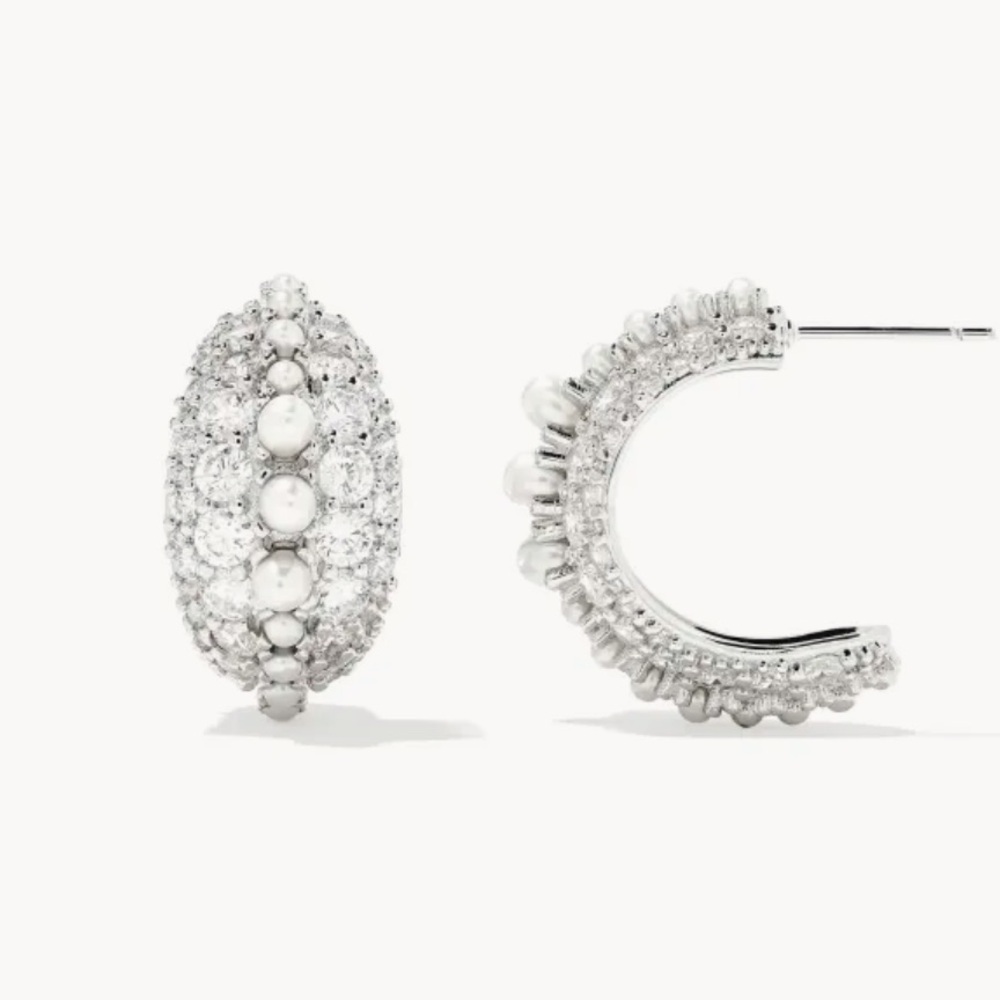 NWT Kendra Scott Krista Silver Hoop Earrings in White Mix with Pearls - Picture 2 of 9